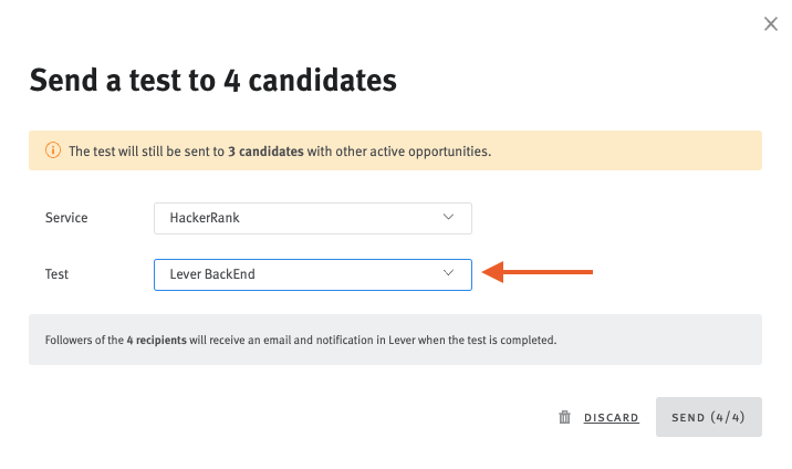 Hackerrank send modal with arrow pointing to test field