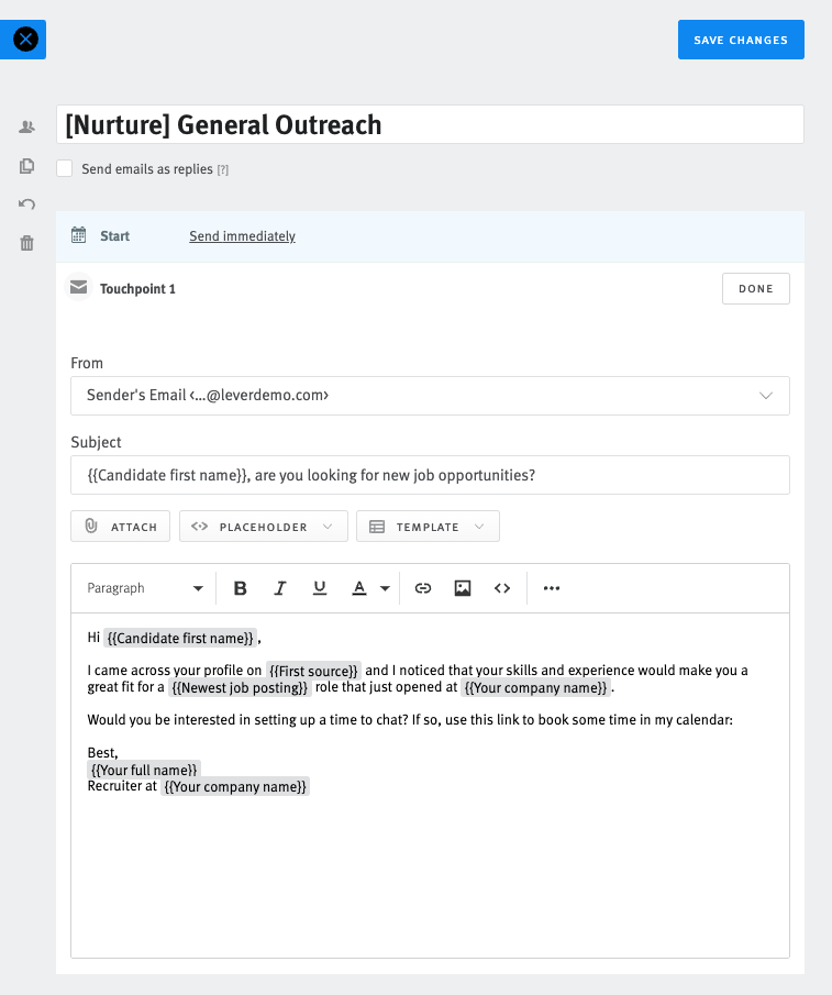 Lever nurture email editor