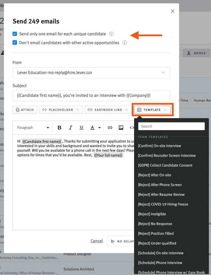 Email editor modal with arrows pointing to check boxes and template dropdown menu