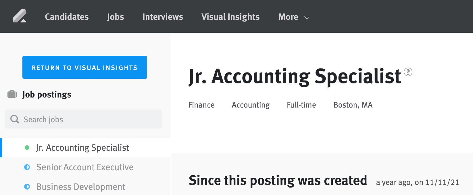 Return to Visual Insights toggle at the top of the left-side navigation column in the legacy reporting view.
