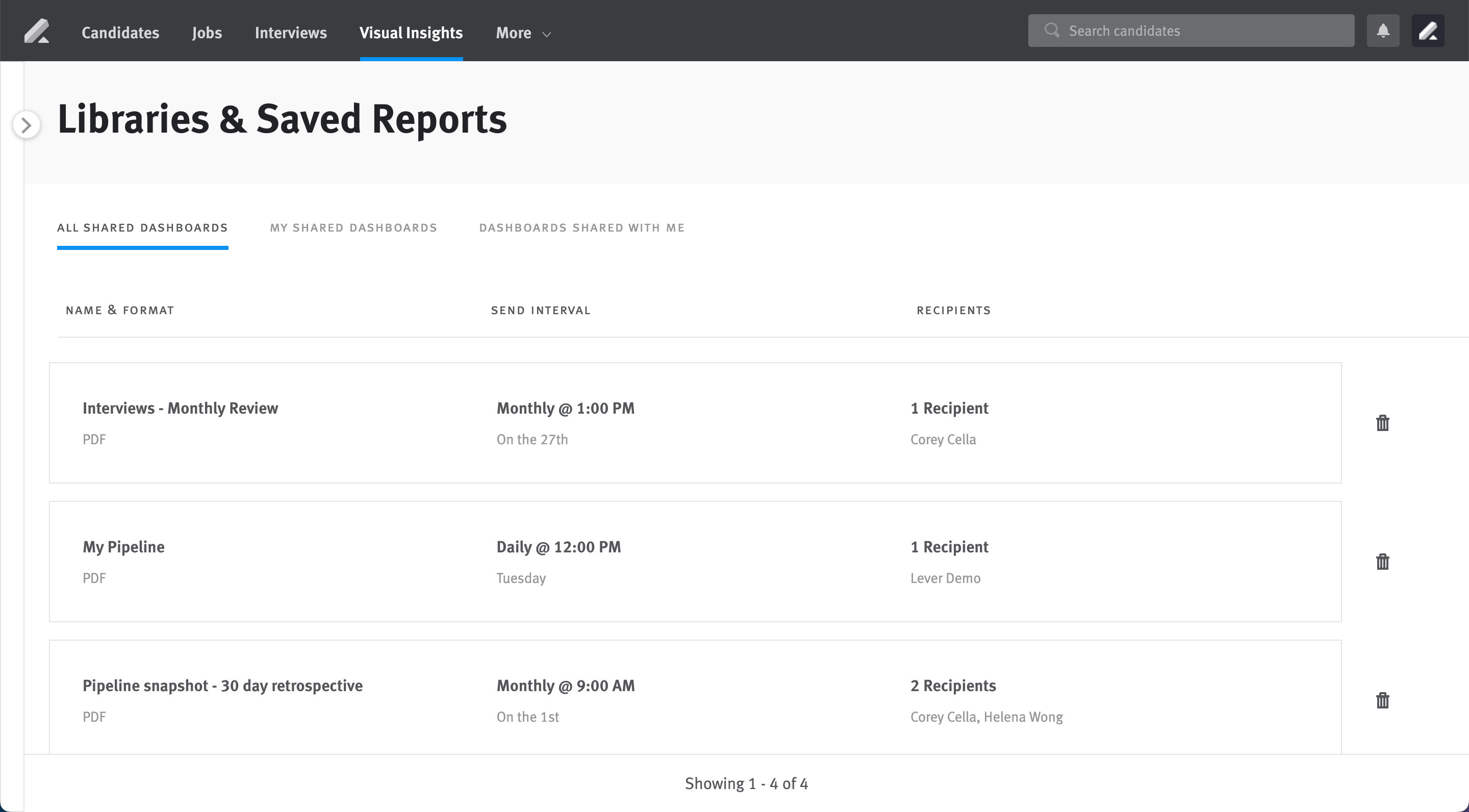 All shared dashboards library in Libraries and Saved Reports section.