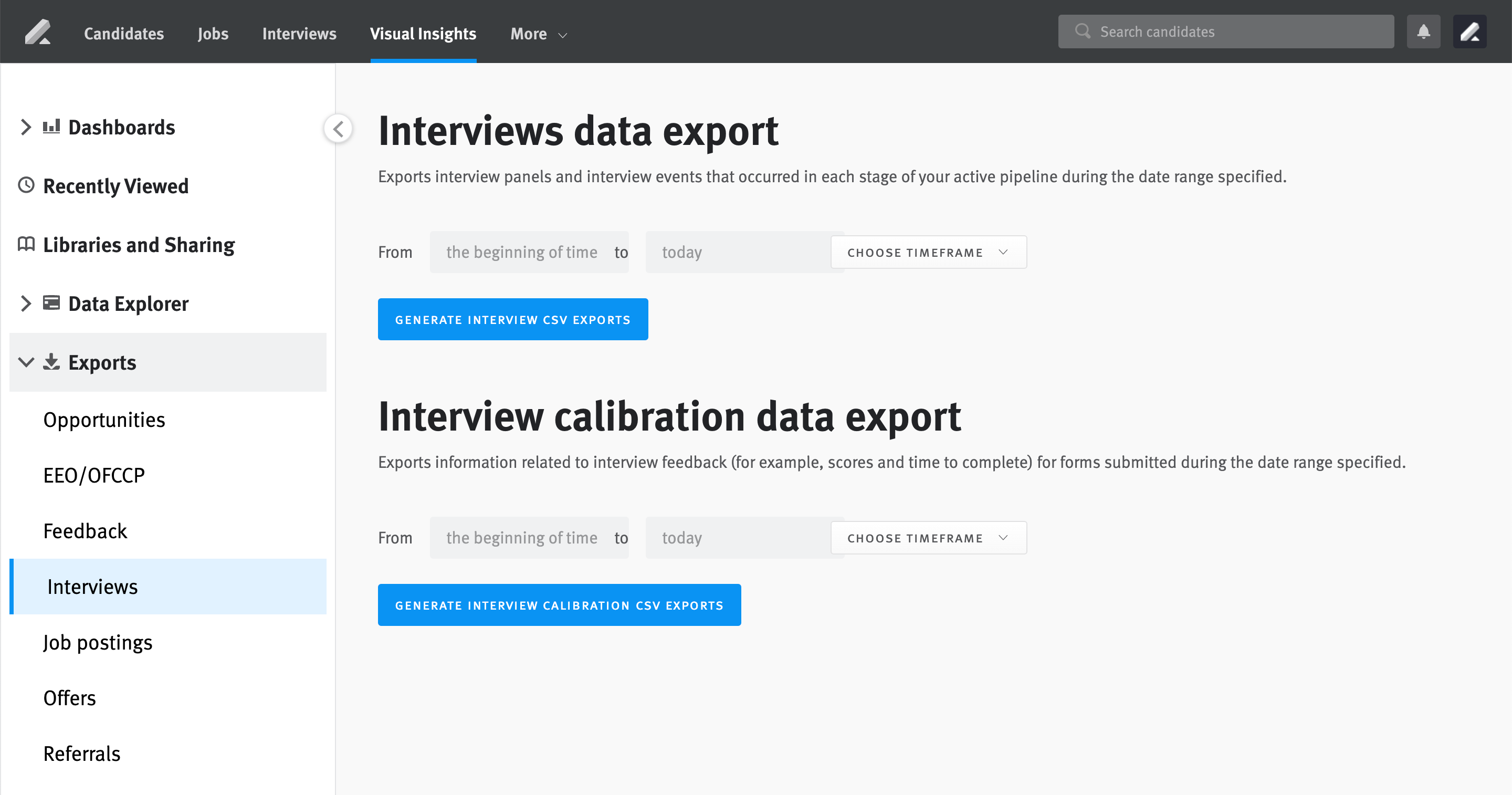 Exports page in Visual Insights with navigation menu expanded and Exports option highlighted on hover.