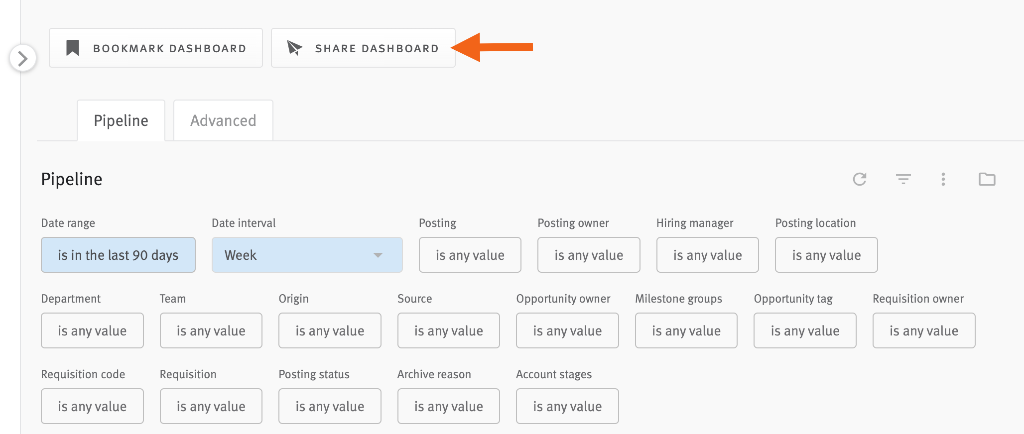 Arrow pointing to Share Dashboard button above Pipeline dashboard.