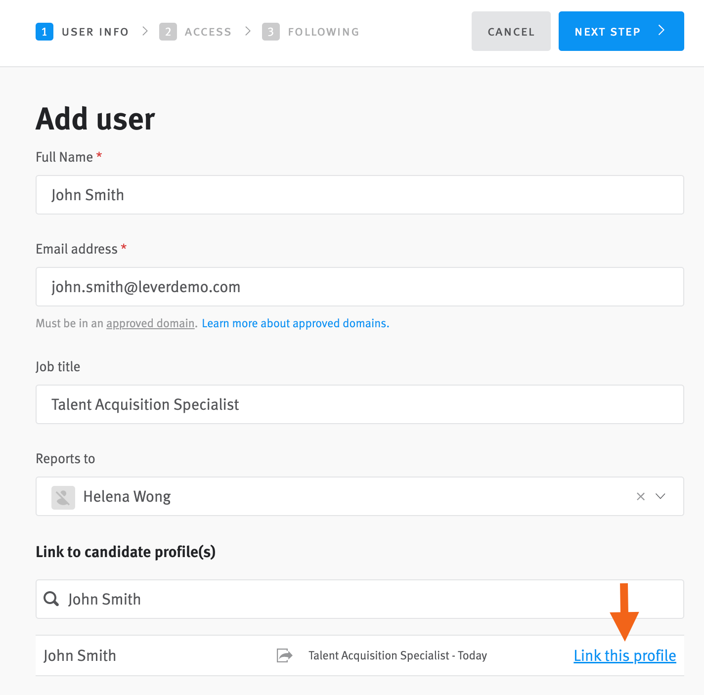 Add new user editor with candidate profile listed and arrow pointing to link this profile button.