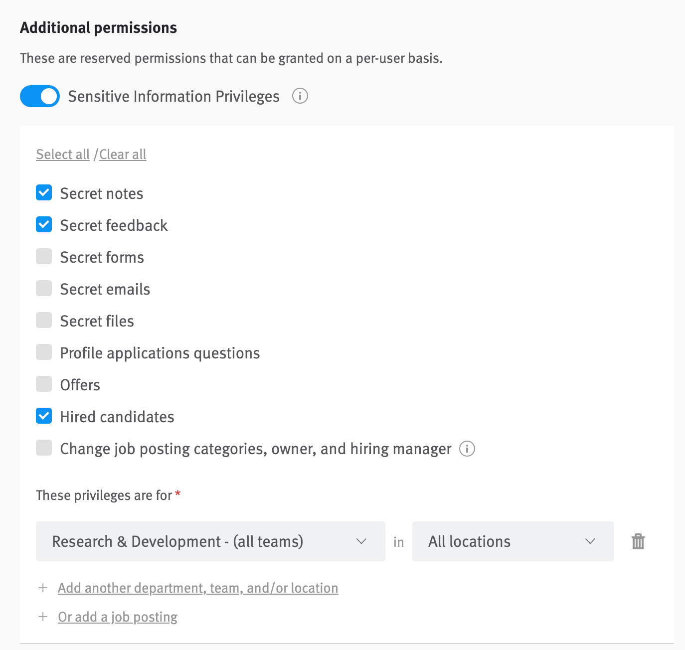 Additional permissions list with Sensitive Information Privileges toggle flipped to on position and various privileges selected beneath it.