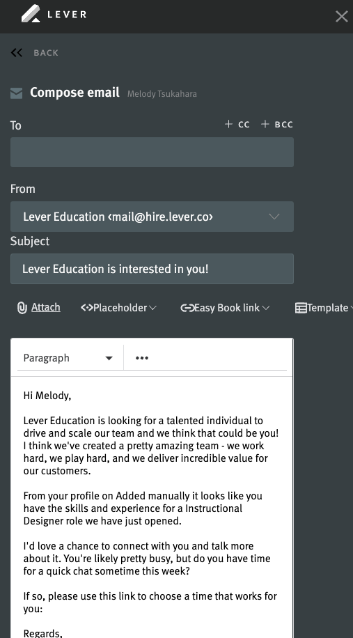 Lever extension open showing email editor.