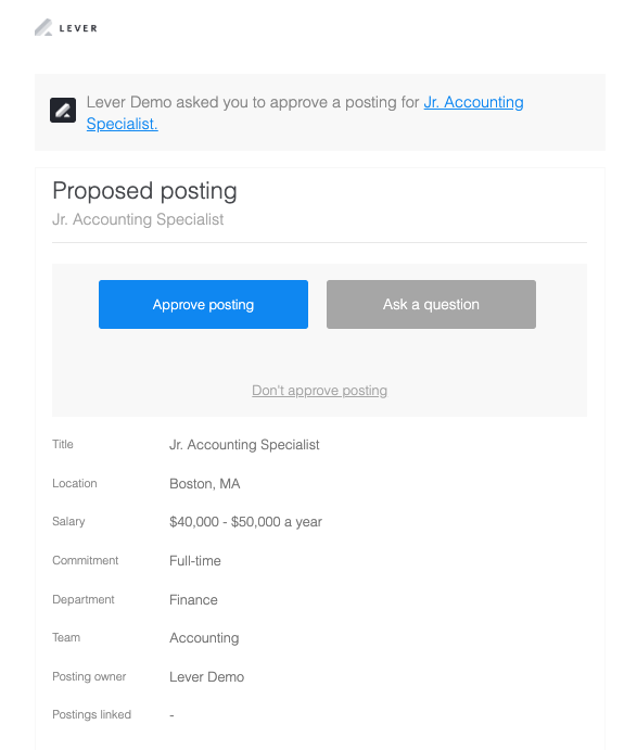 Posting approval email with buttons to approve posting or ask a question.