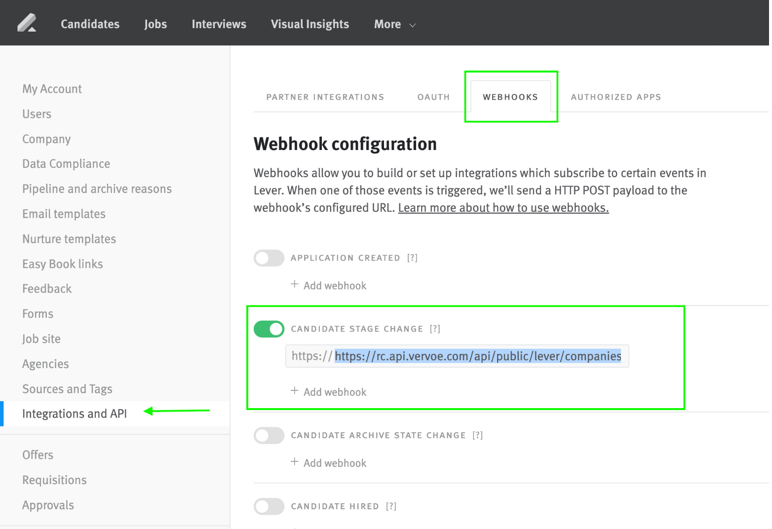 Webhooks page in Lever Settings; Candidate Stage Change webhook tile is outlined