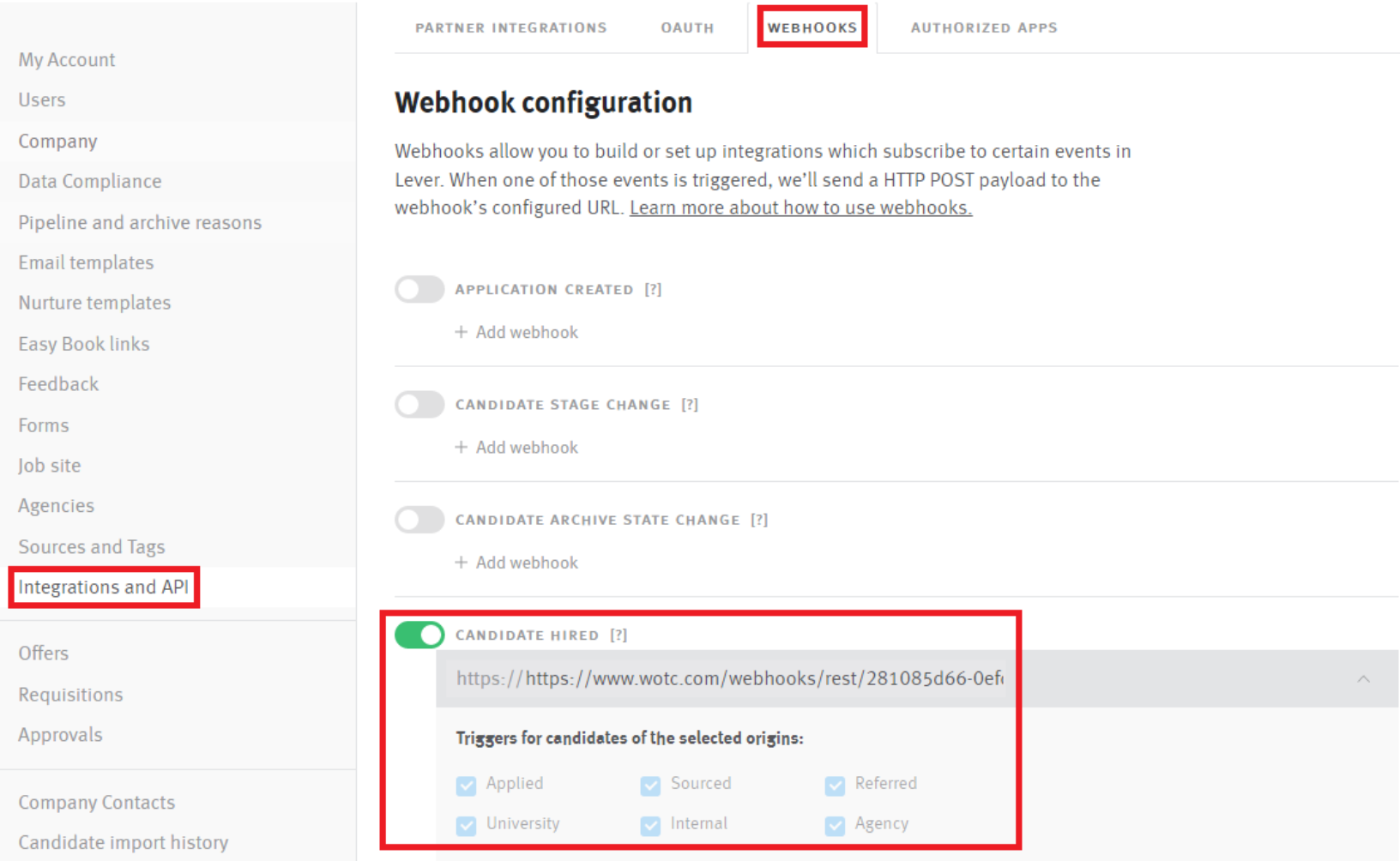 Webhook configuration settings page in Lever with Candidate Hired webhook tile outlined