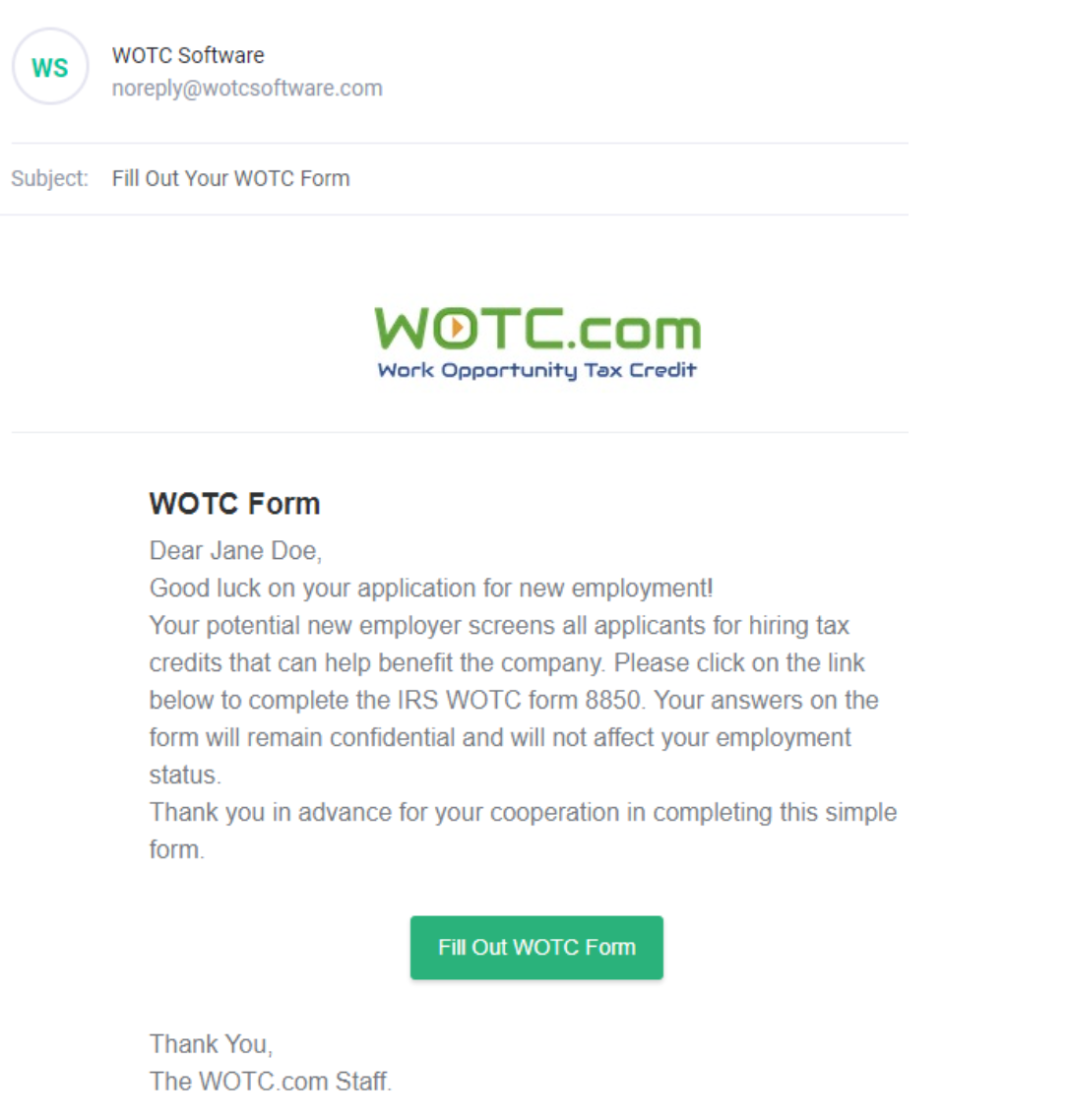 WOTC Form confirmation message sent to candidate with button to fill out WOTC form