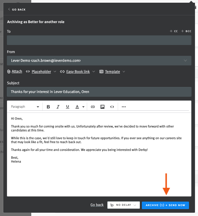 Email editor expanded from archive button.