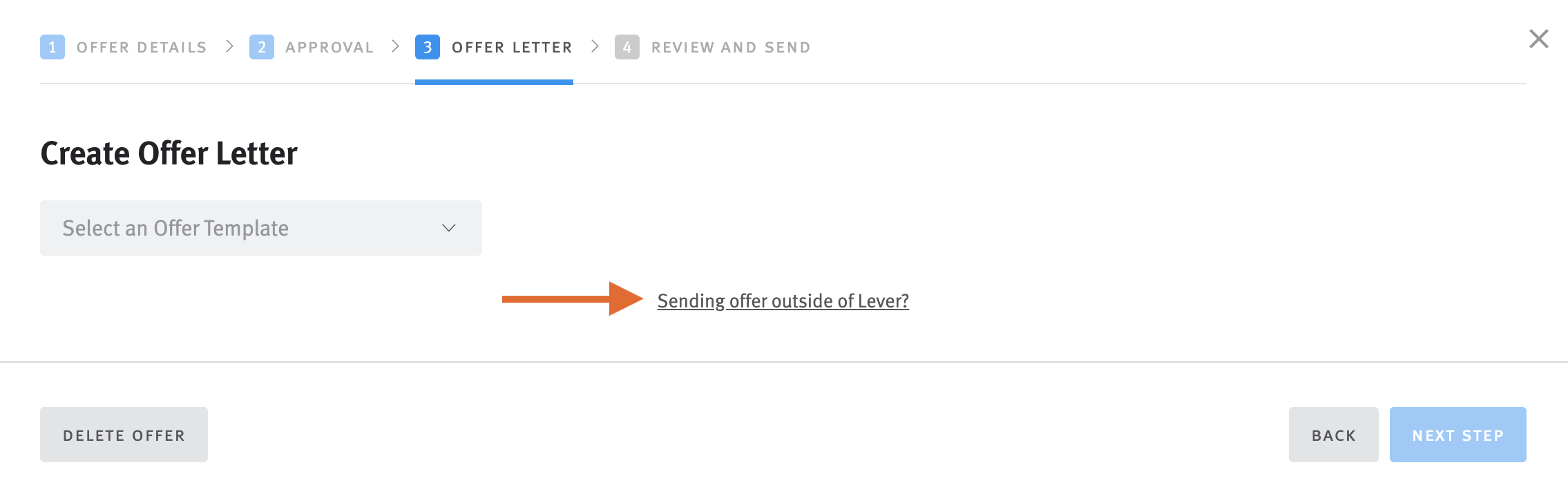 Arrow pointing to Sending offer outside of Lever link below offer letter template menu.