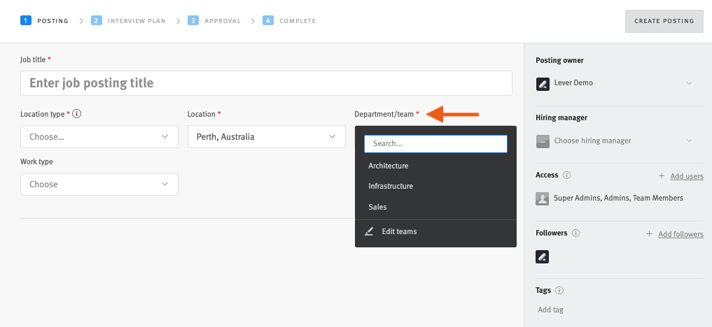 Lever job posting editor with arrow pointing to Team field dropdown selector.