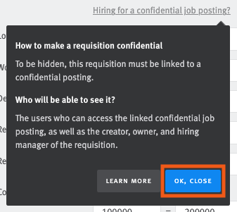 Lever hiring for a confidential posting information modal with instructions and user access explanation.