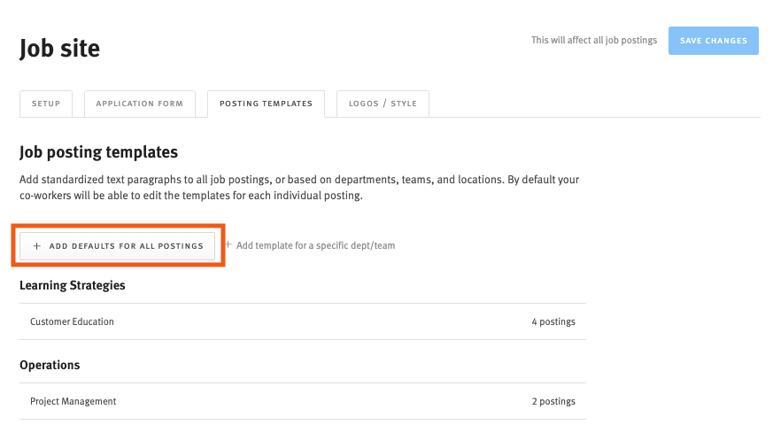 Lever job posting templates settings page with add defaults for all postings button outlined.