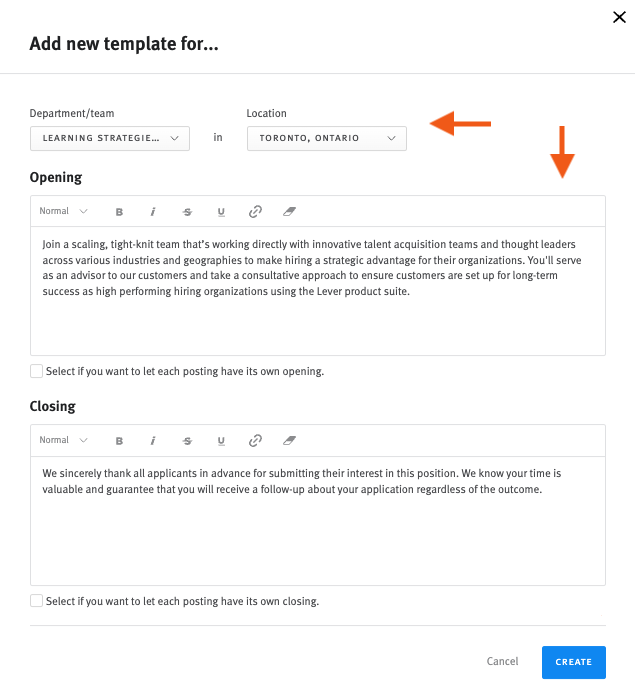 Lever add new template for... editor with arrows pointing to the department/team and location menus and opening and closing text fields.