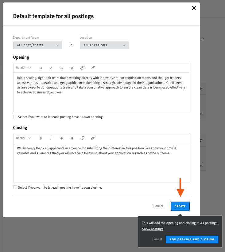 Lever default template for all postings editor with arrow pointing to the blue create button and information modal indicating the template will be applied to existing postings.
