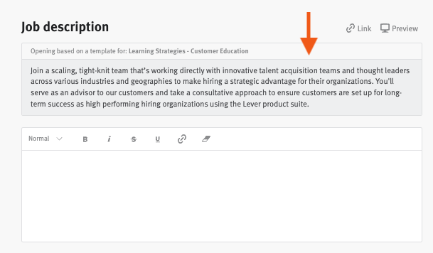 Job posting description editor with arrow pointing to the loaded default opening text.