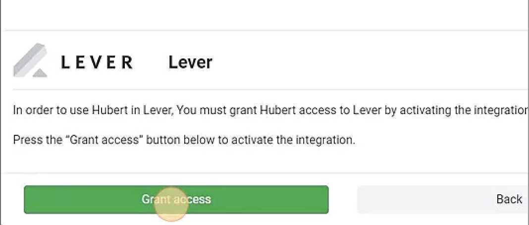 Grant access button below Lever listing on Hubert integrations page