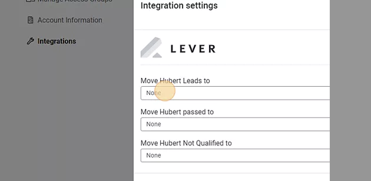 Integration settings modal wiht Hubert with dropdown fields for different Lever pipeline stages