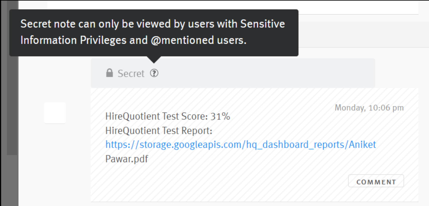 HireQuotient test score and link to report in secret note on candidate profile in Lever.