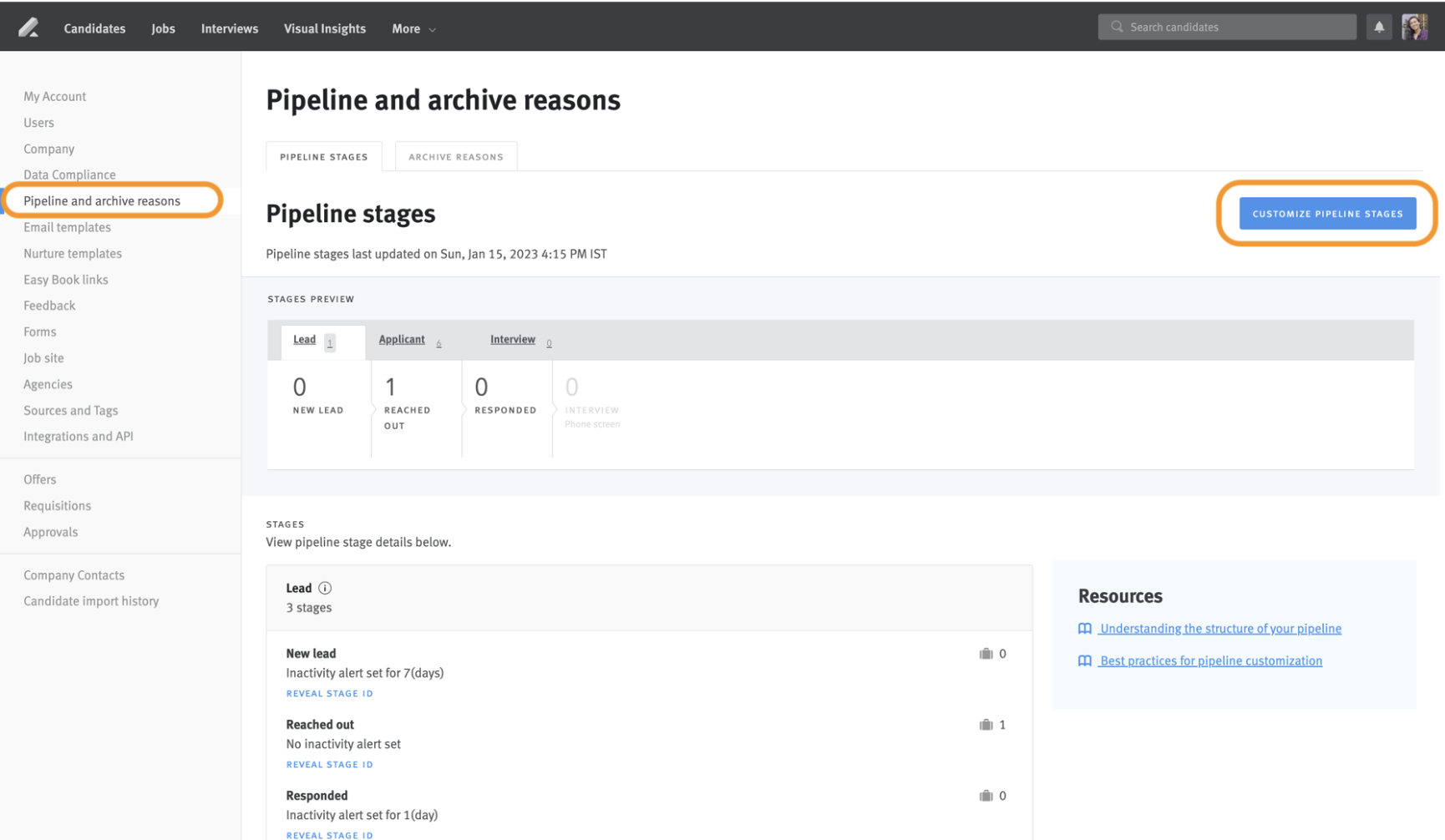Customize pipeline stages button outlined on Lever Pipeline and archive reasons settings page