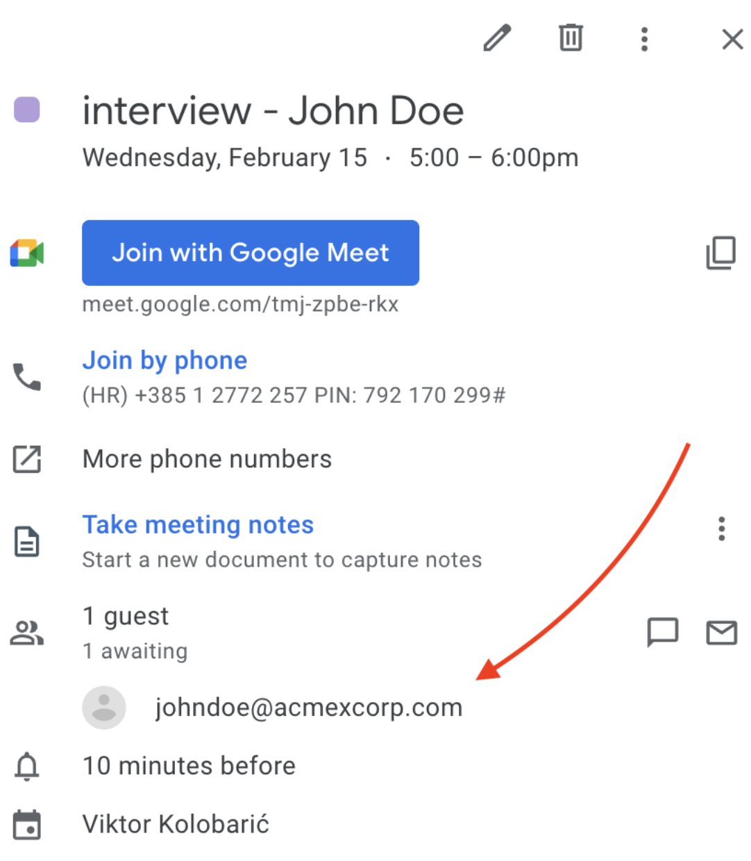 Arrow pointing to email address of Google calendar event for interview