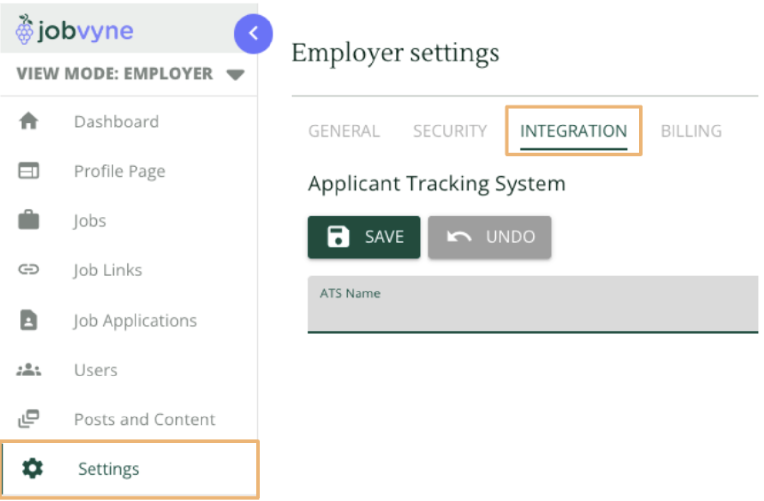 Integration tab circled on JobVyne settings page