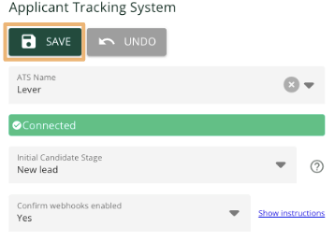 Save button outlined in under Applicant Tracking System settings in JobVyne