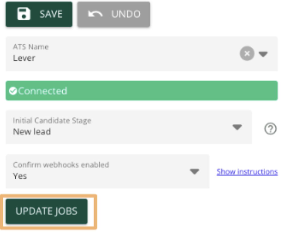 Update jobs button outlined in under Applicant Tracking System settings in JobVyne