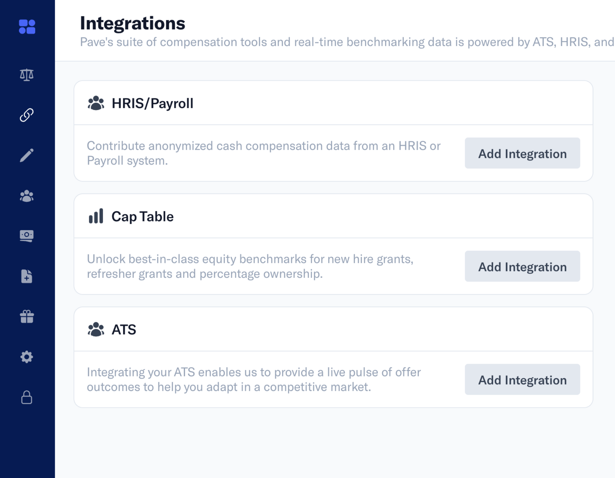 Integrations page in Pave