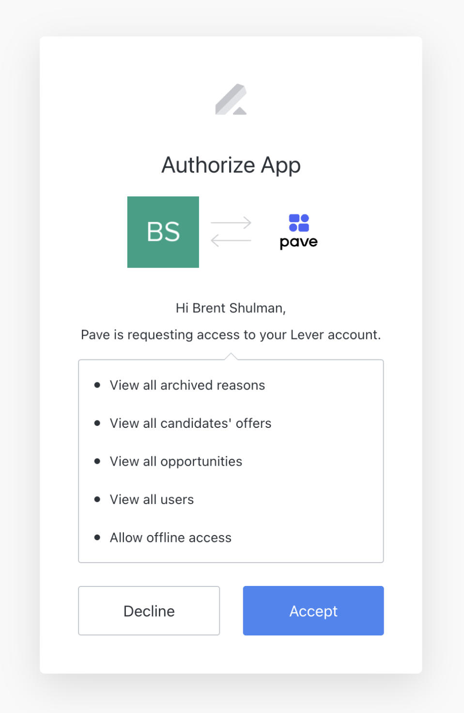 App authorization modal between Lever and Pave