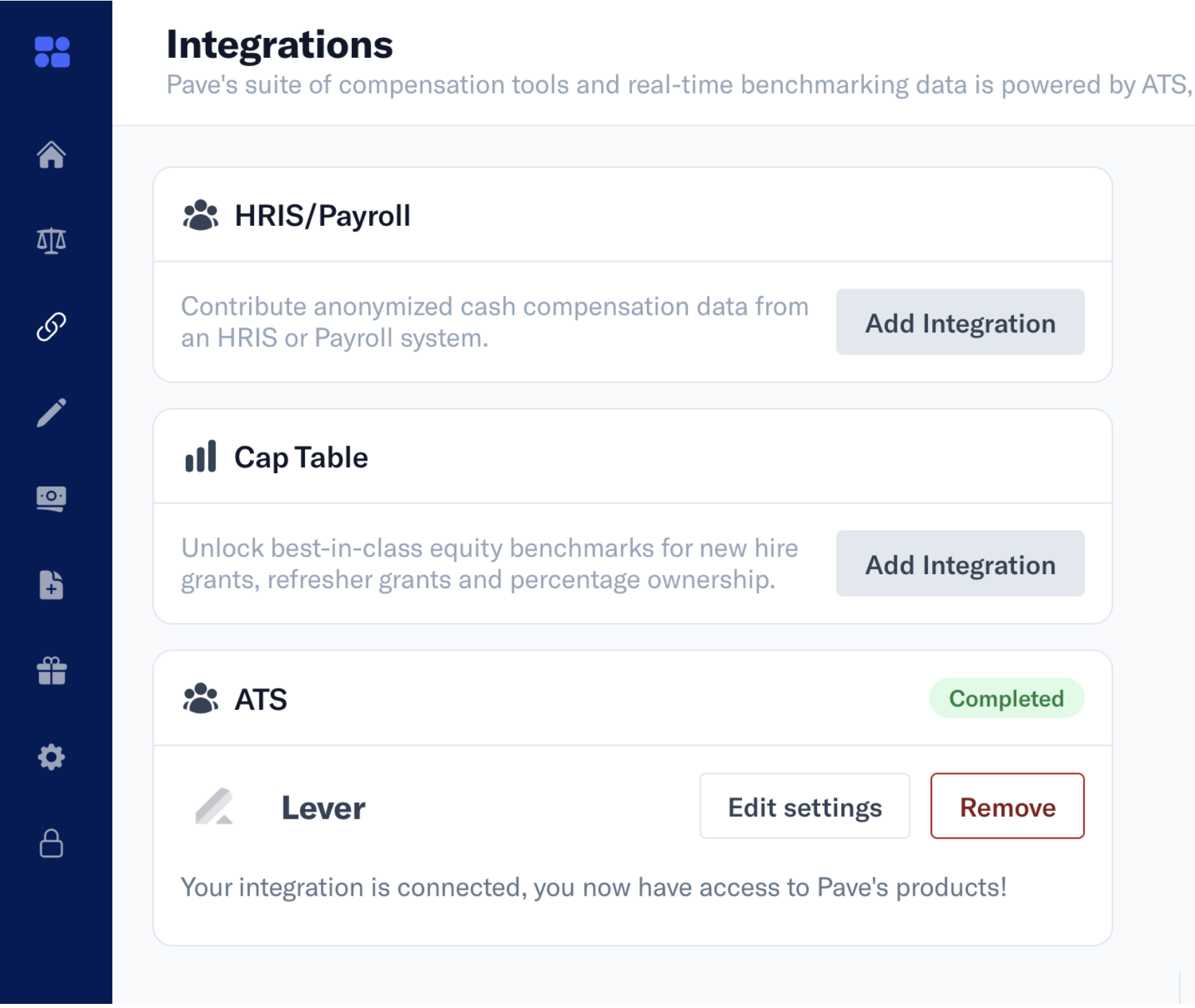 Integrations page in Pave; Lever is listed as under ATS heading as completed