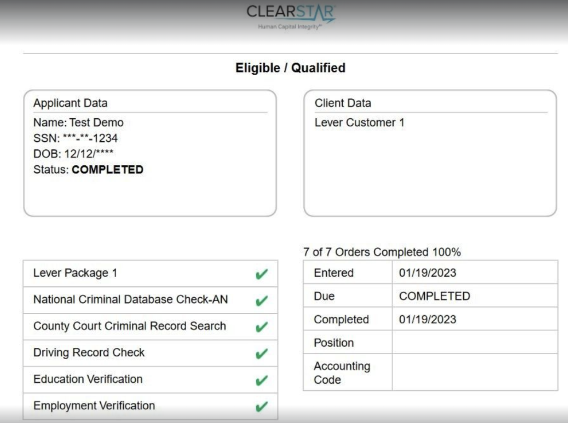 Example of a ClearStar report