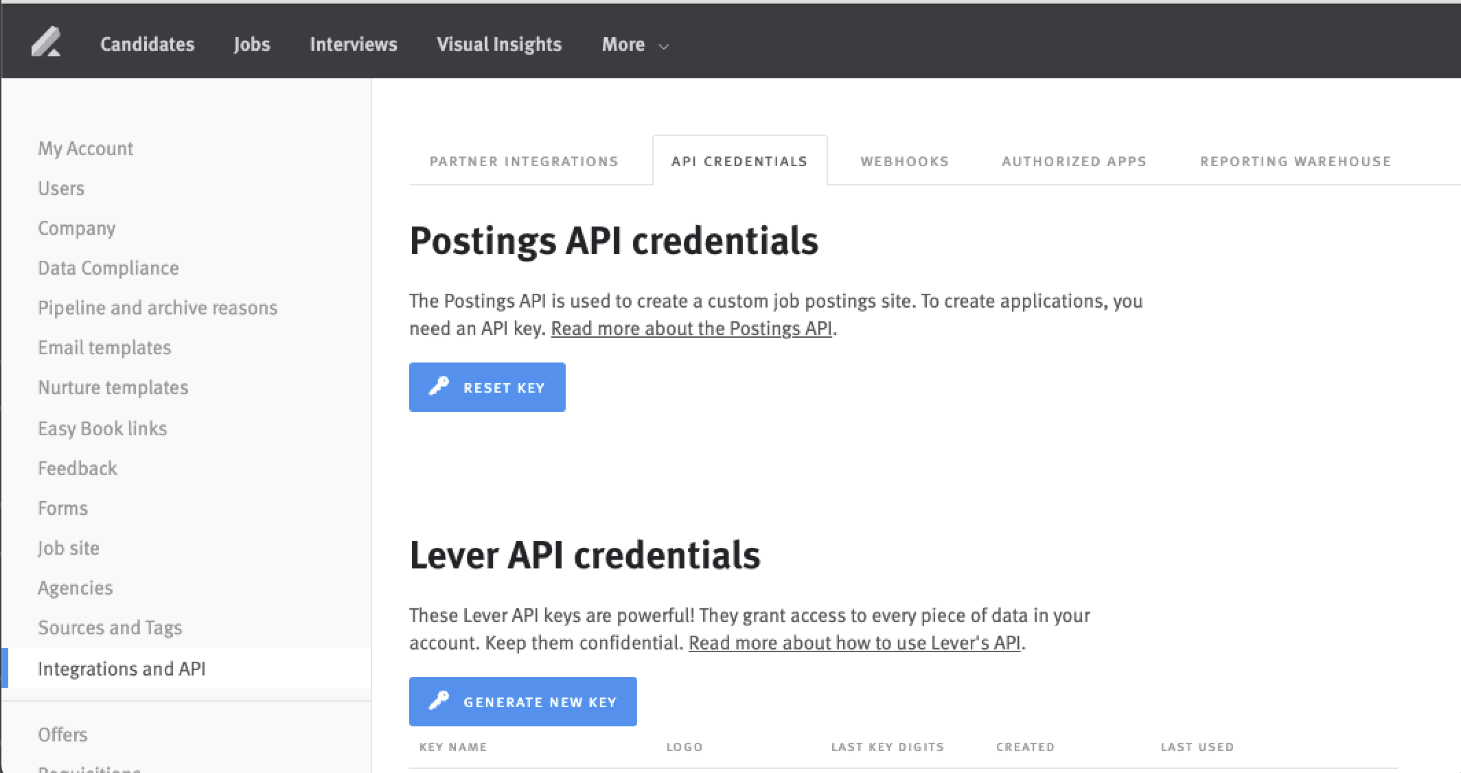 API credentials page in Intergrations and API Lever Settings