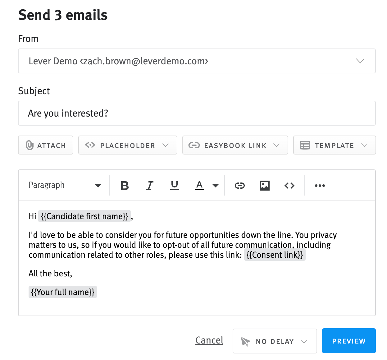 Bulk email composition window; consent link placeholder is contained in body of composed email
