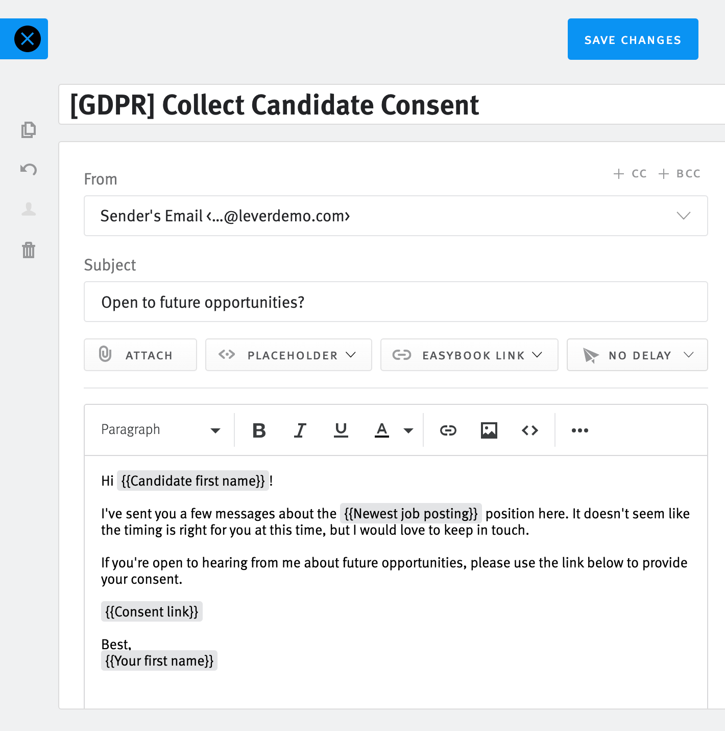 Email template editor, consent link placeholder is contained in body of email template