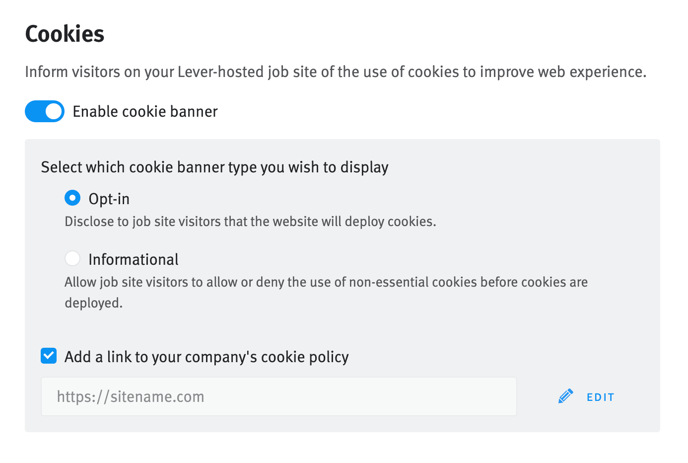 Cookie banner configuration tile