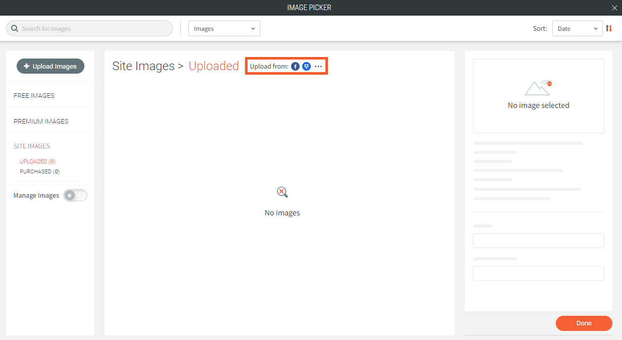Image upload interface in site builder with Upload from options outlined