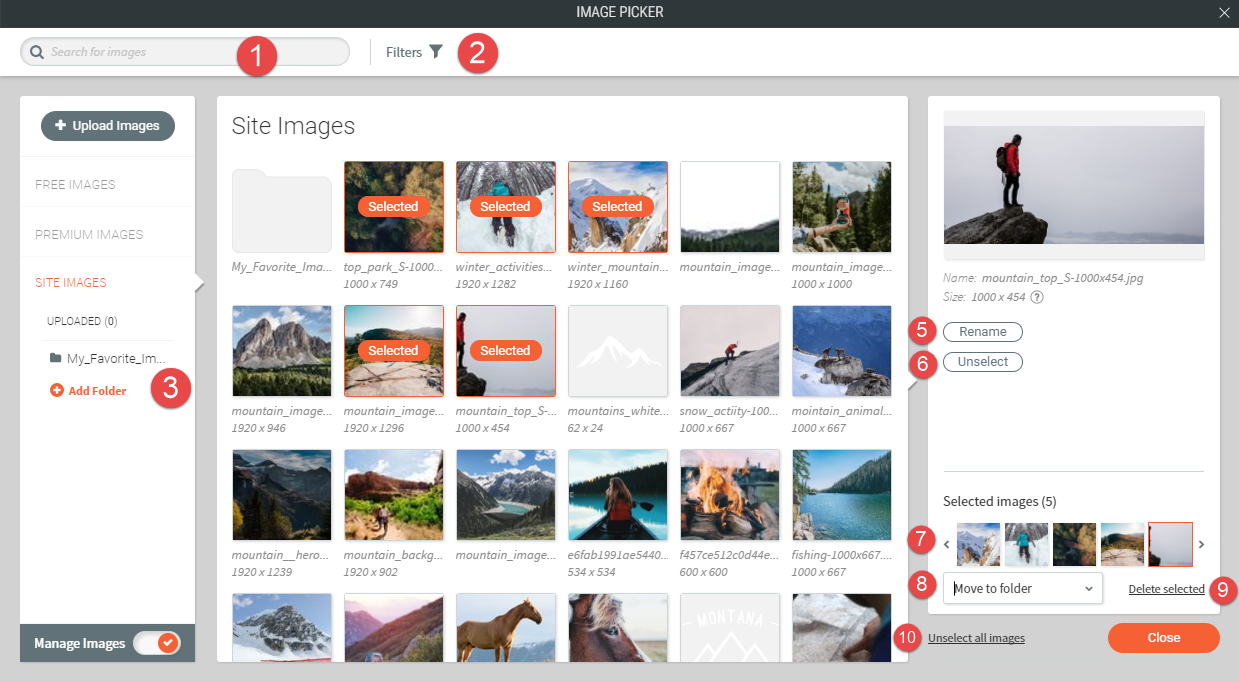 Image picker in site builder with various elements numbered 1 through 9