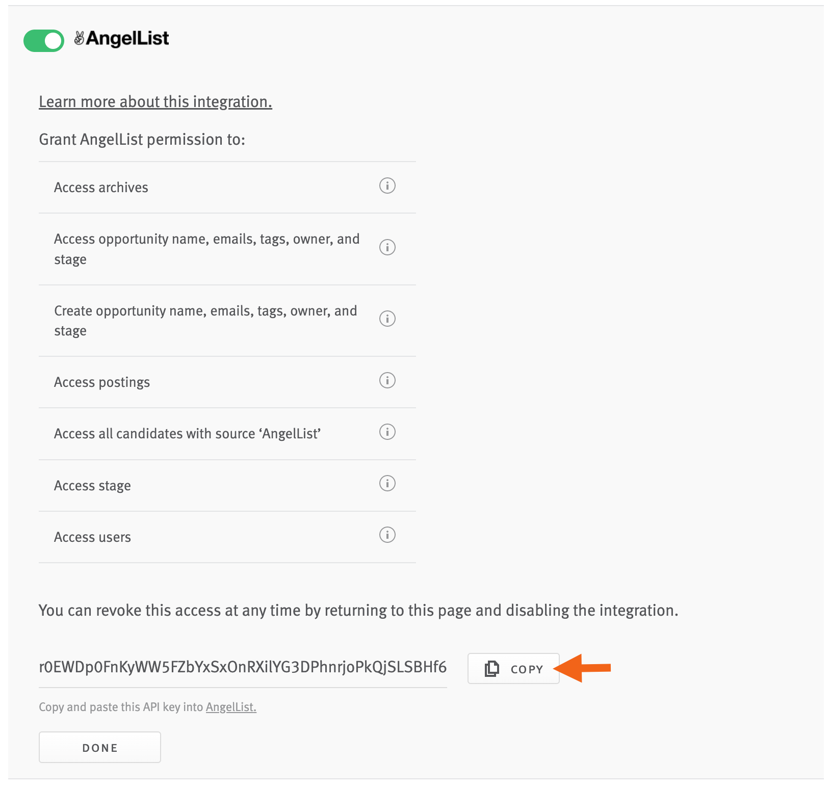 Expanded AngelList integration tile with arrow pointing to Copy button next to API key field.