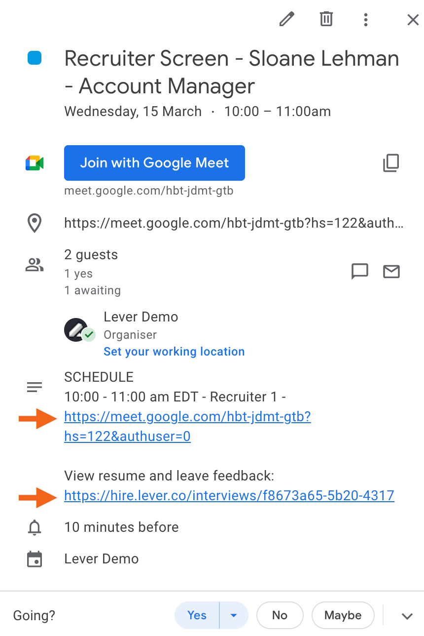 Google calendar event with arrows pointing to Zoom link and Lever feedback link