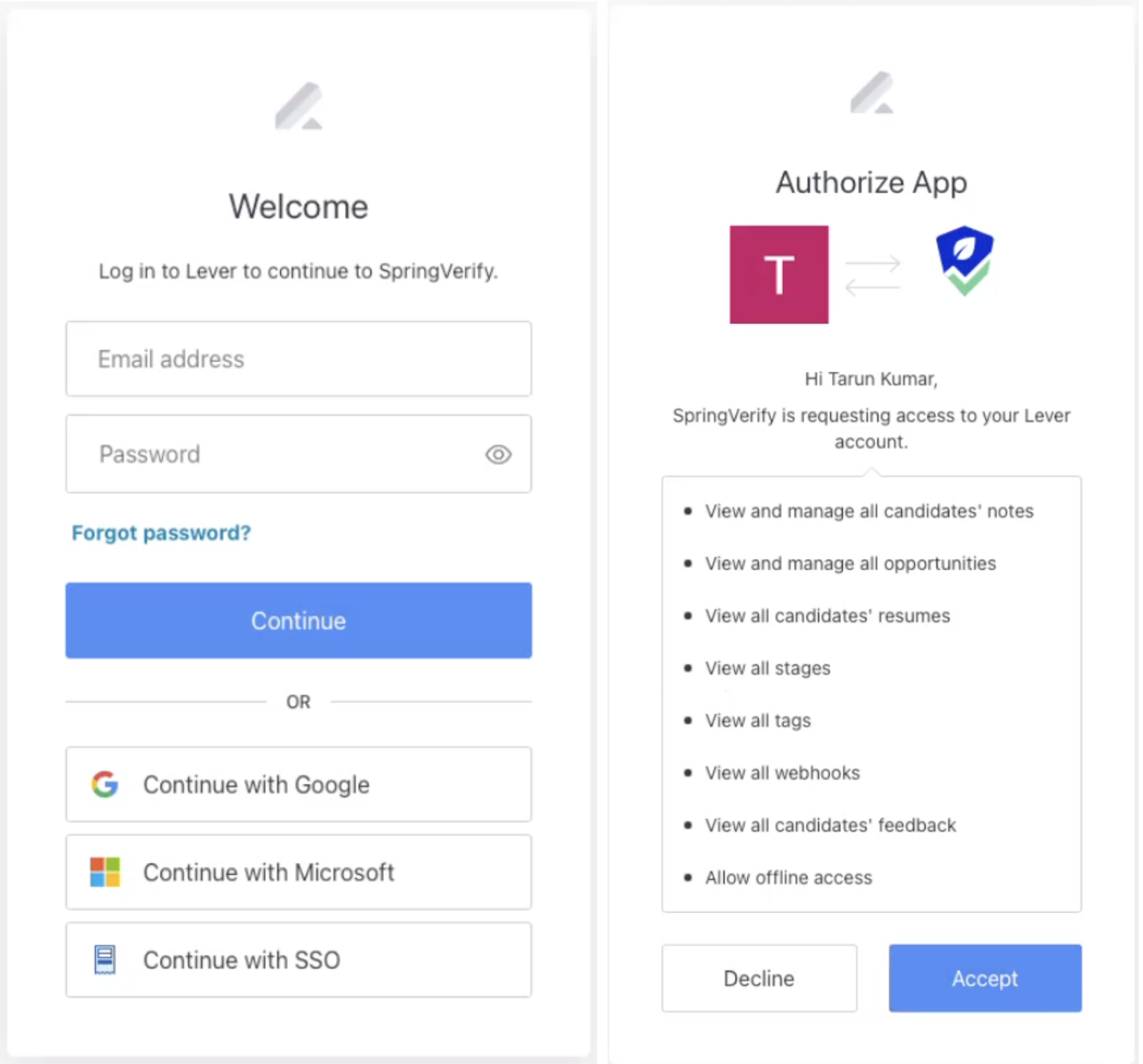 Two frames. Left frame: Lever login modal. Right frame: App authorization modal with listed permissions