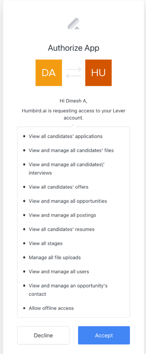 App authorization moddal with permissions listed between Humbird AI and Lever