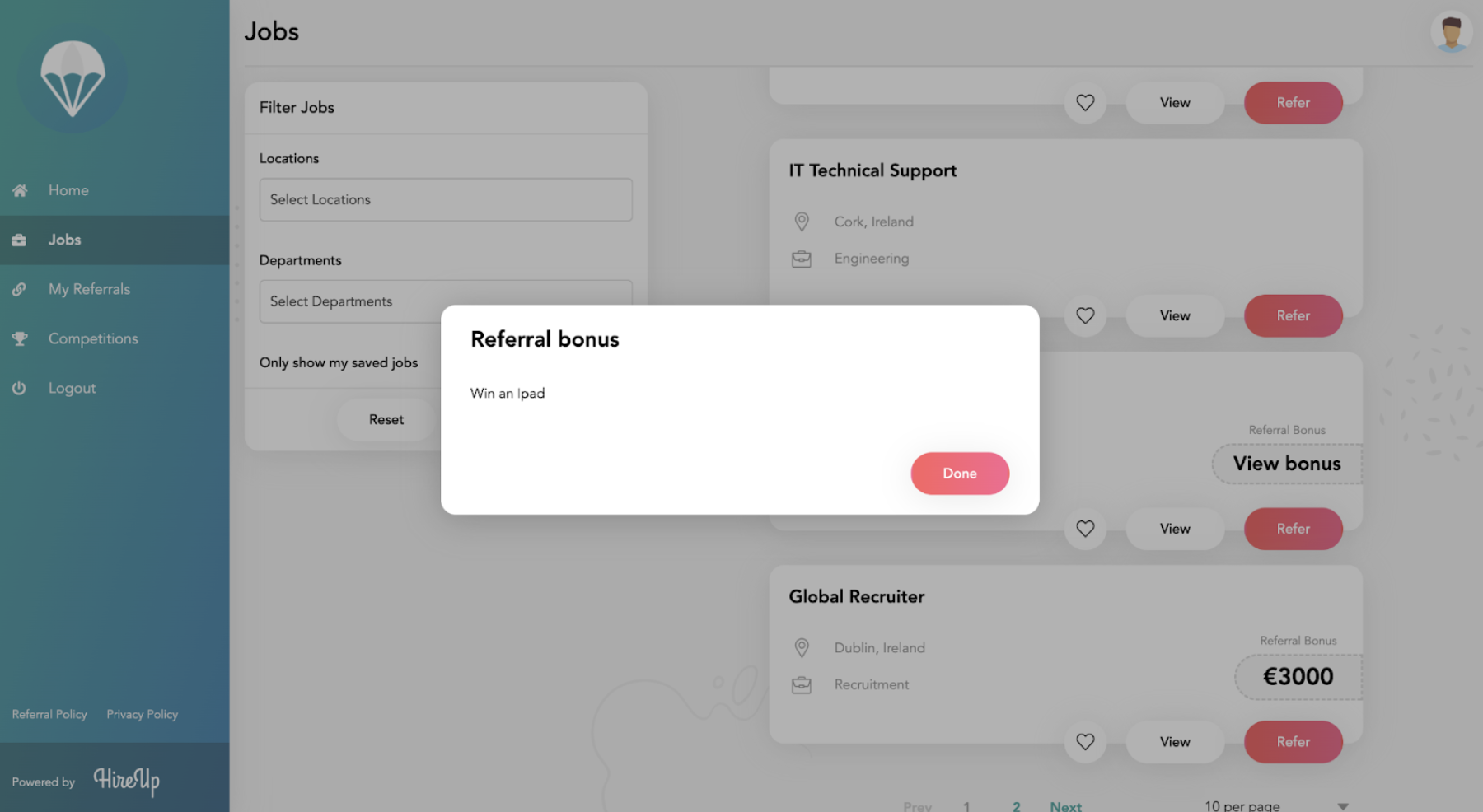 Referral bonus modal on Jobs page in HireUp