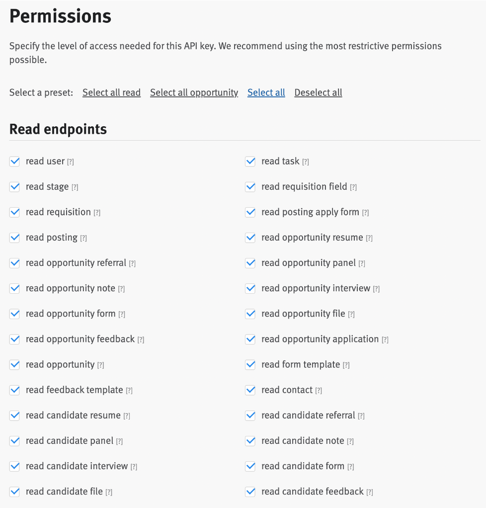 Permissions list on Lever's API credentials page; all permissions selected