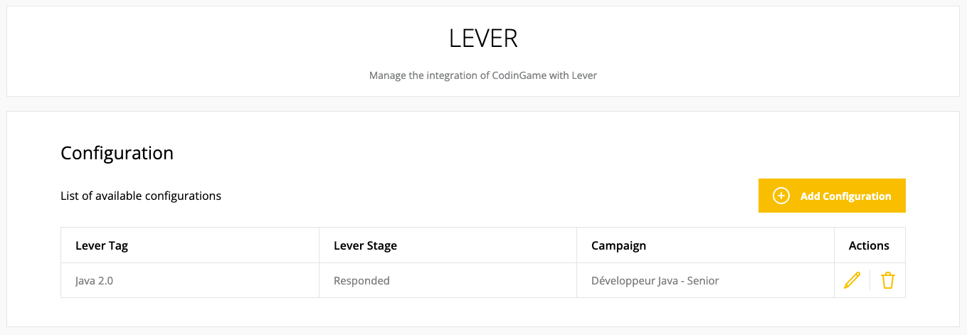 CodinGame platform showing lever listing