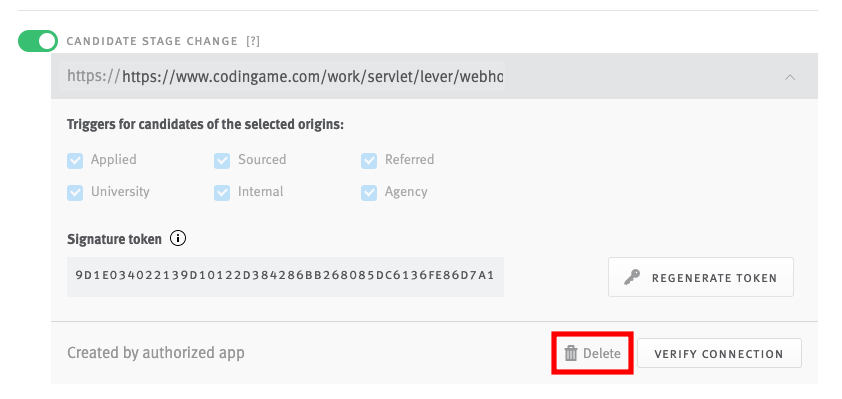 Lever candidate stage change section in webhooks tab with delete button outlined