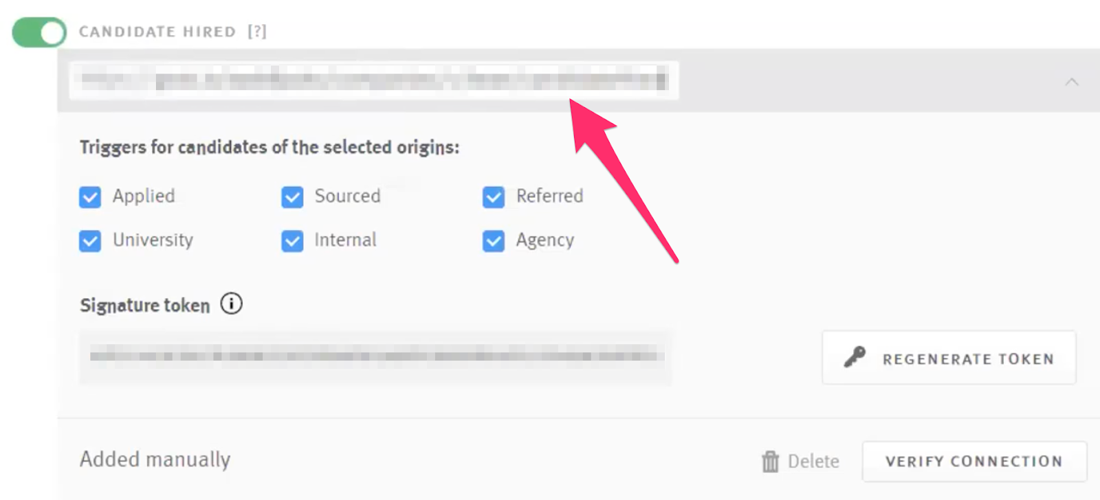 Arrow pointing to candidate hired webhook in Lever