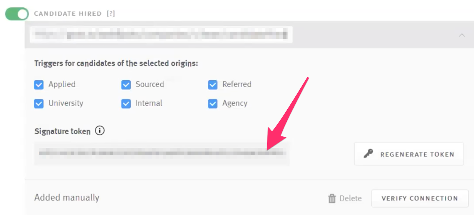 Arrow pointing to signature token field on candidate hired webhook tile in Lever